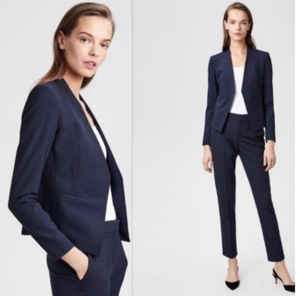 Theory Lanai Sevona Wool Crop Blazer Navy Blue Open Front Business Casual Sz 10